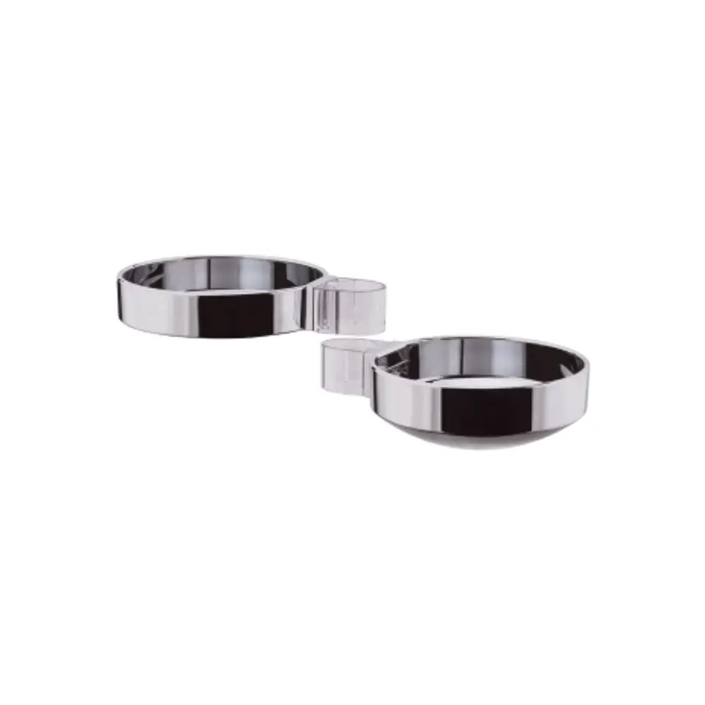 Zwei chromfarbene Seifenschalen, verbunden durch eine kleine Halterung. Die Schalen sind glänzend und haben einen einfachen, funktionalen Stil, typisch für Produkte von Hansgrohe.